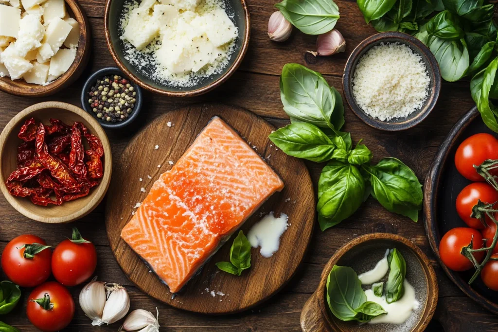 Ingredients for Marry Me Salmon laid out on a table