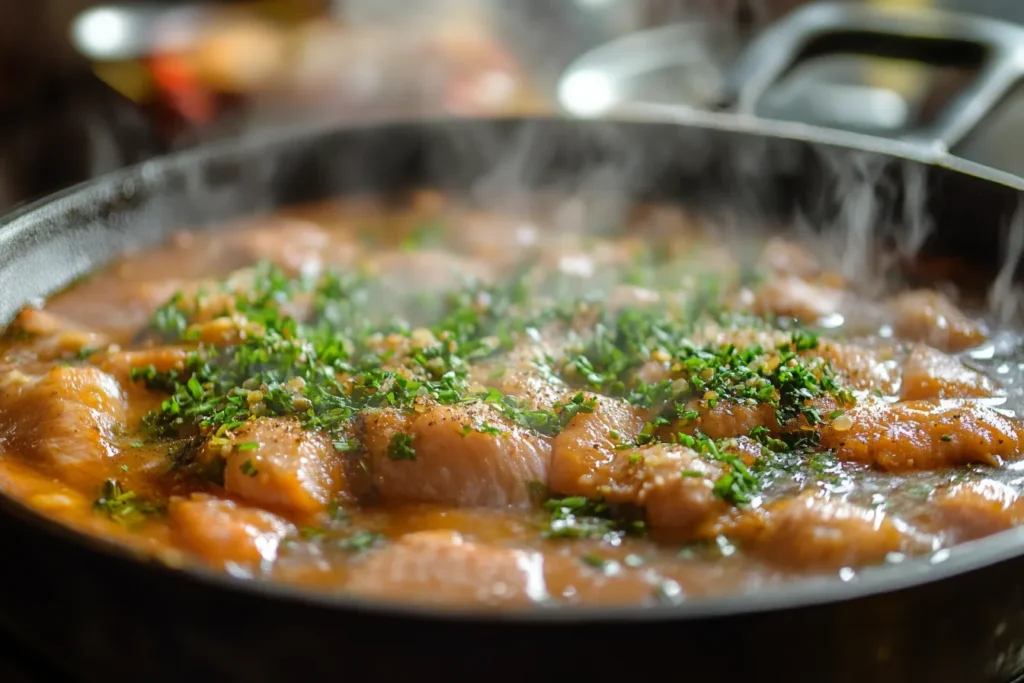 Salmon fillets simmering in creamy tomato garlic sauce