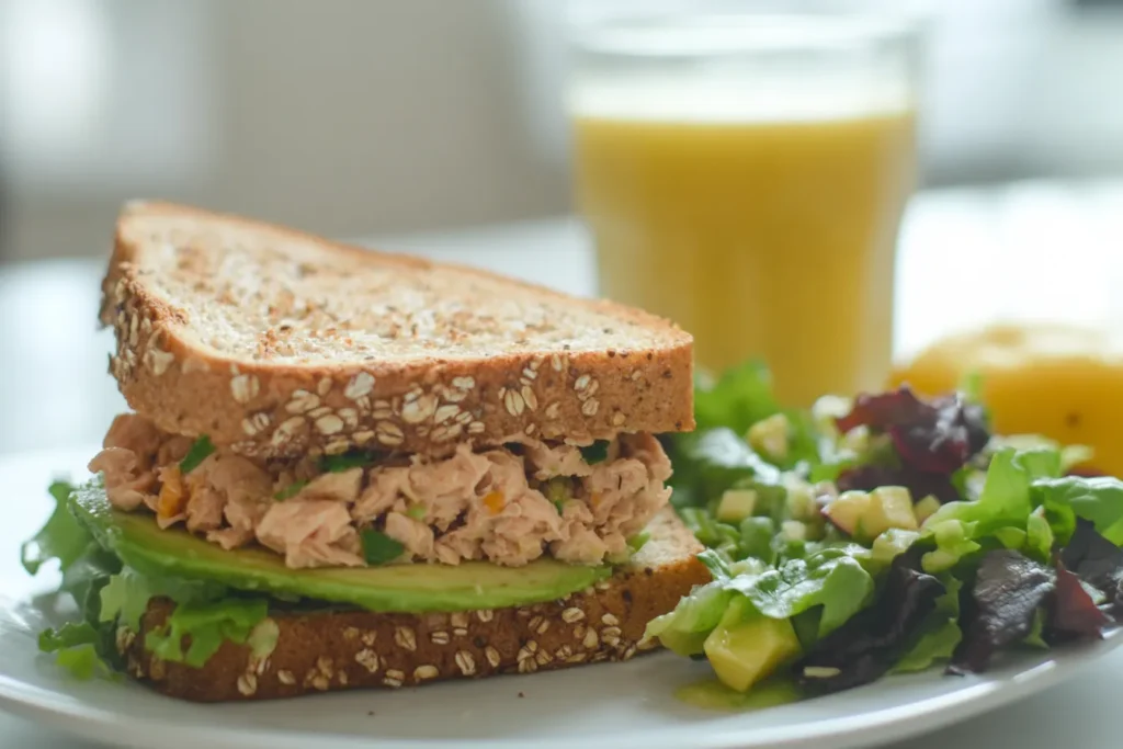 Healthy avocado tuna sandwich served with salad and smoothie