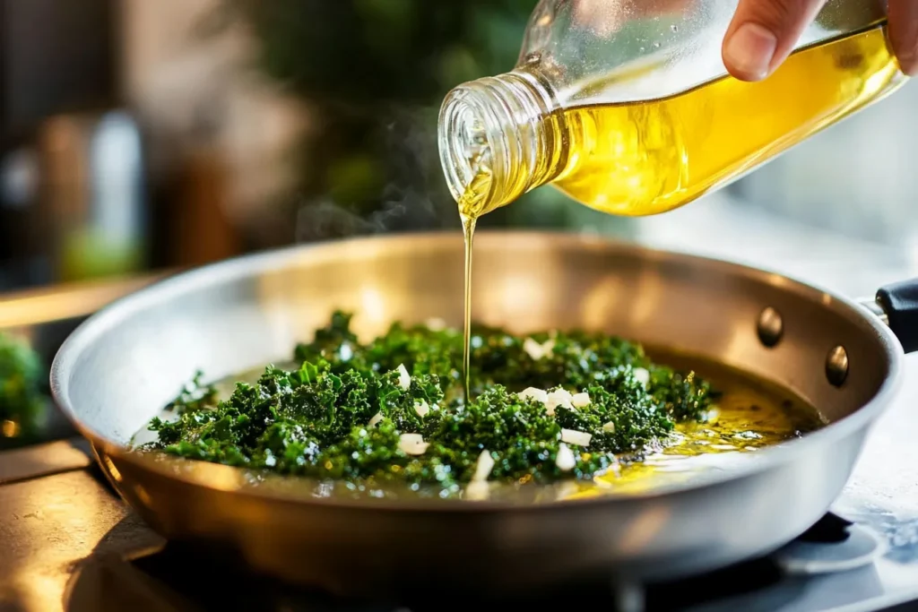 Fresh greens sautéing in a skillet with olive oil for an omelet