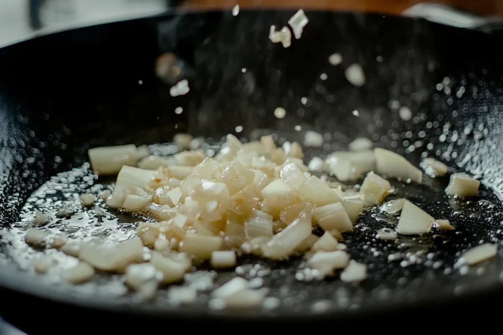 Onions, peppers, and garlic cooking for the paprikash base	