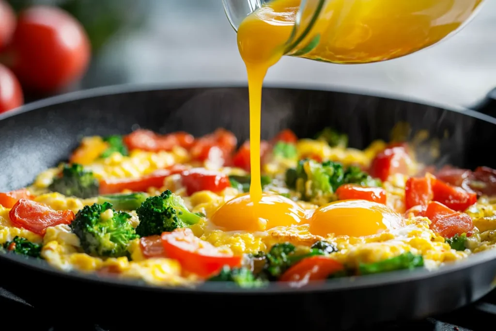 Eggs and vegetables cooking together to create filling for the mushrooms