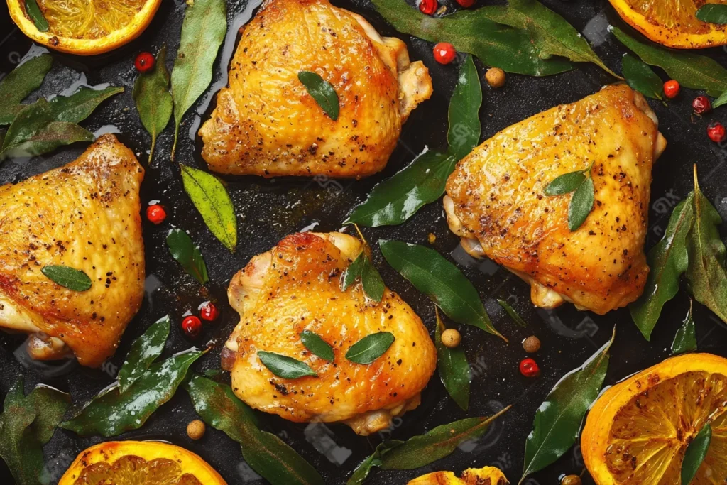 Chicken thighs being browned in a pan for paprikash	