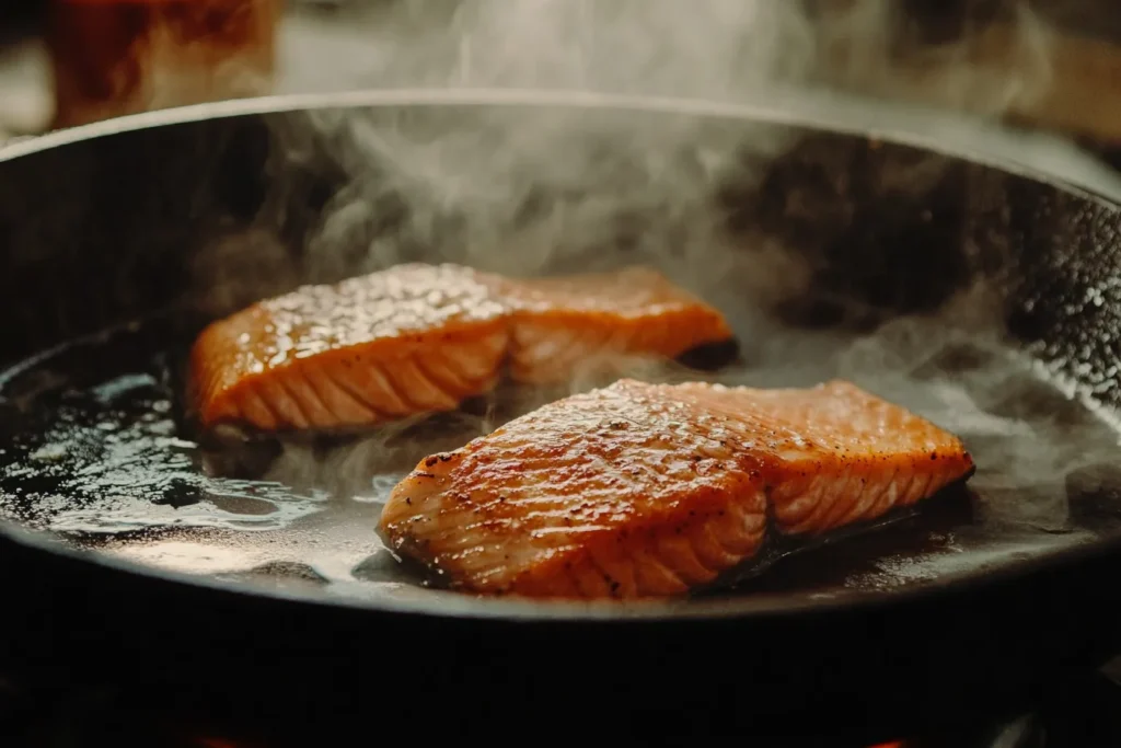 Salmon fillets being seared in a skillet for crispy edges