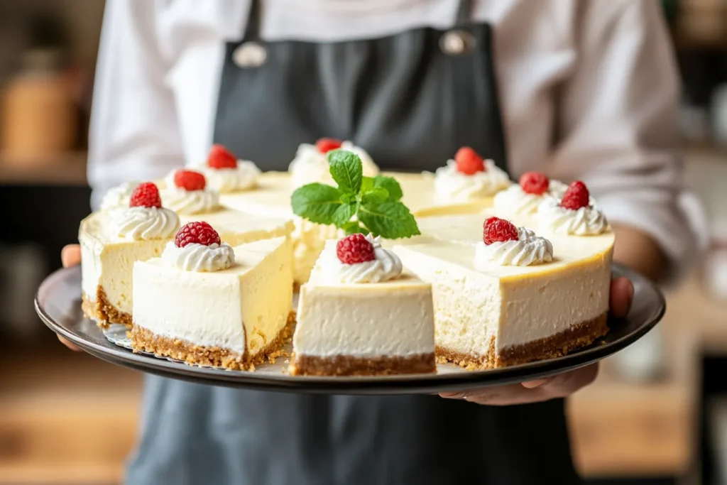 Person serving a plate full of cheesecake slices	
