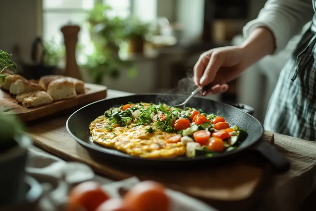 Person smiling while serving a fluffy veggie omelette at home