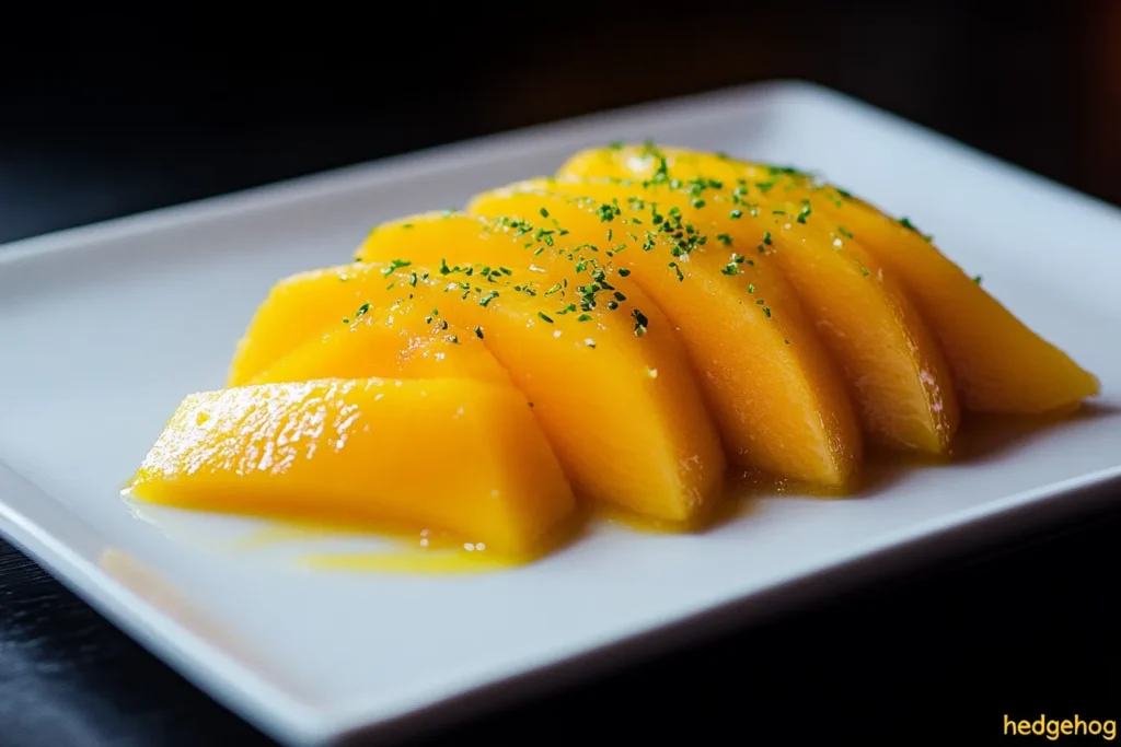 Mango sliced into cubes for mango sticky rice presentation
