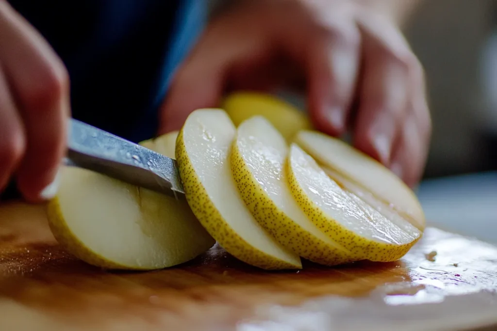 Hand slicing a ripe Bartlett pear on a cutting board