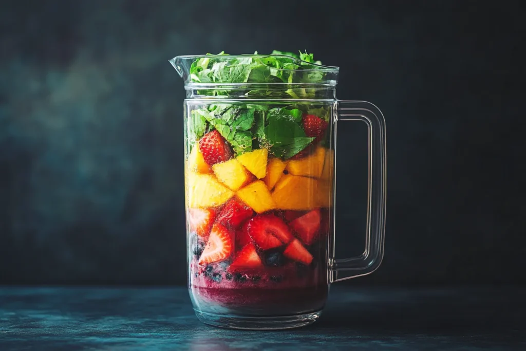 Layered smoothie ingredients in blender before blending