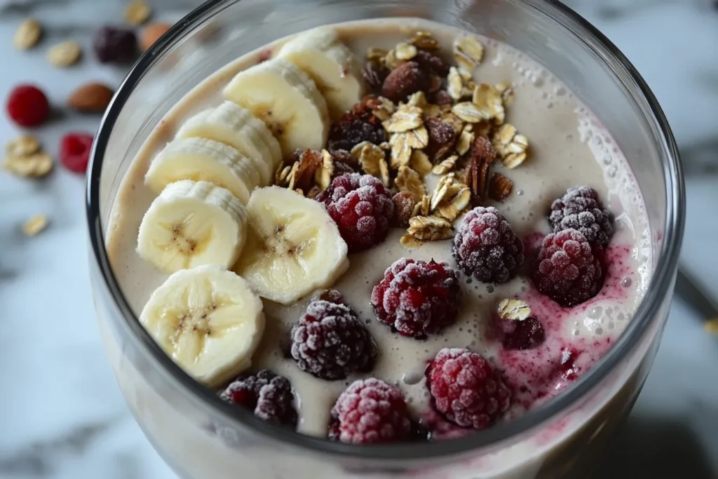 Preparing a smoothie bowl with fruits and almond milk inside a blender