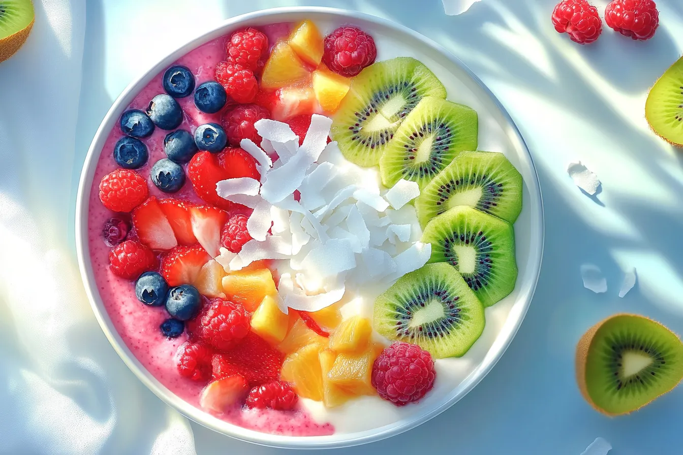 Bright and colorful smoothie bowl topped with fresh fruits and coconut flakes