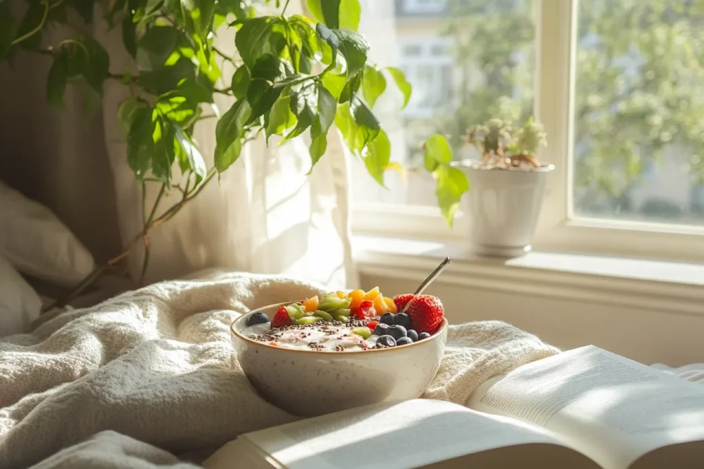 Relaxed morning setup with a smoothie bowl, coffee, and a book