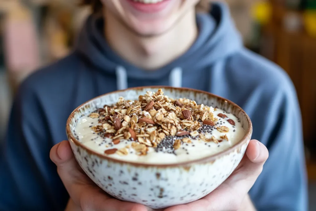 Happy person holding a thick and creamy smoothie bowl topped with granola