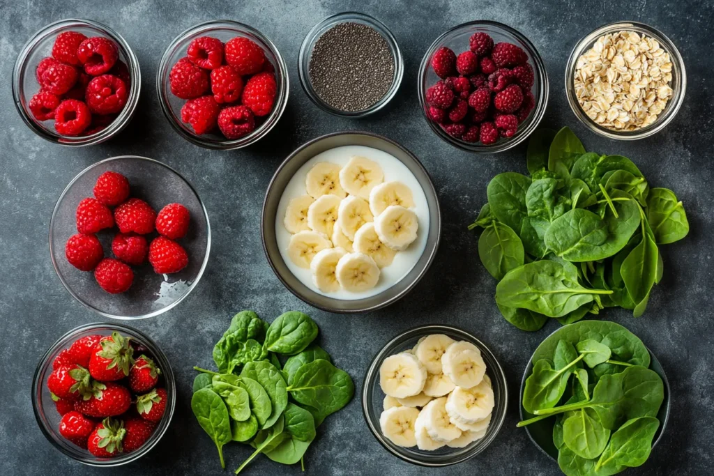 Flat lay of fresh smoothie bowl ingredients arranged neatly