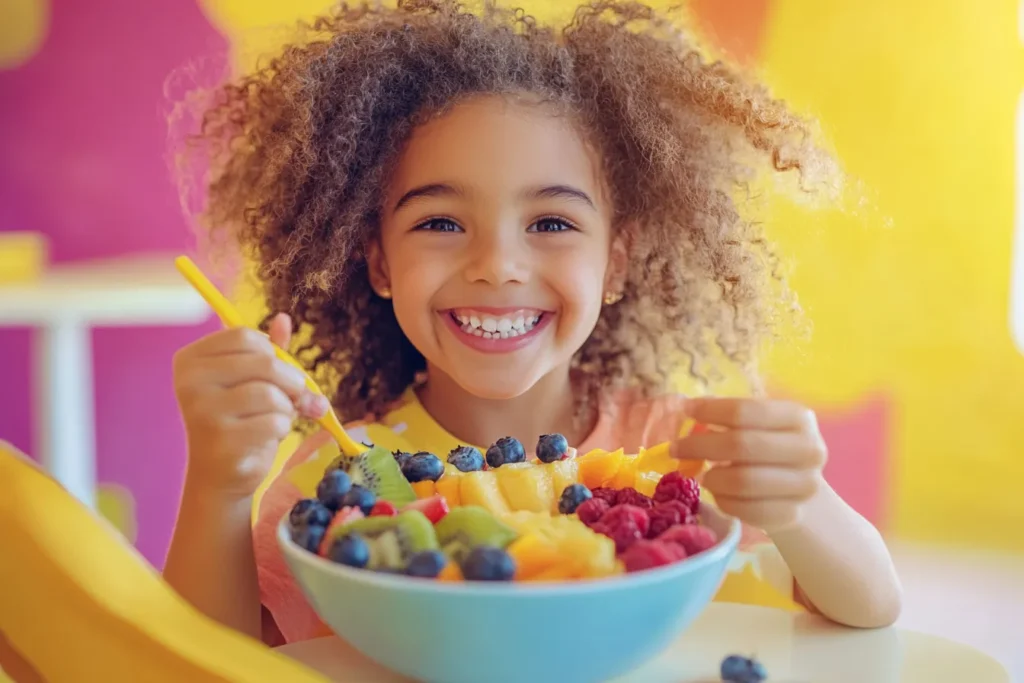 Kid happily decorating a smoothie bowl with colorful fruits