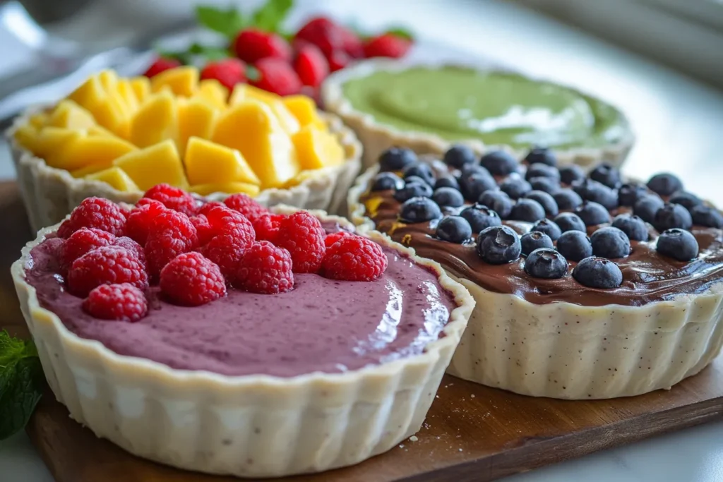 Variety of smoothie bowl recipe styles on a colorful table