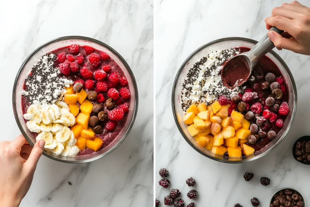 Step-by-step making process of a smoothie bowl, from blender to bowl