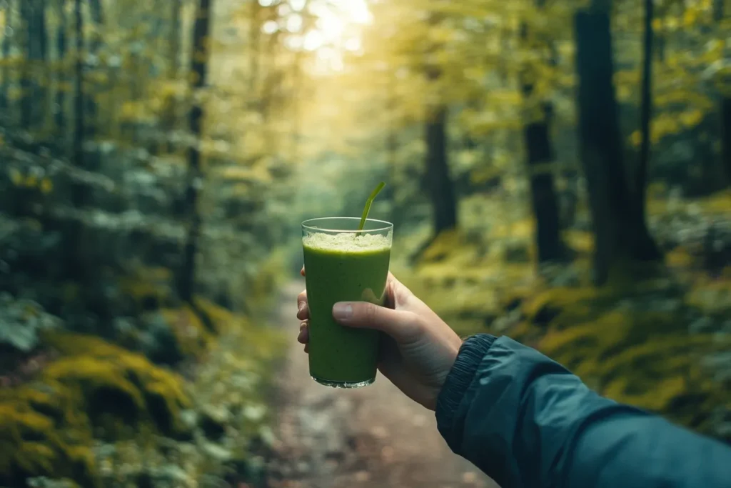 Hand holding green smoothie during outdoor walk or hike