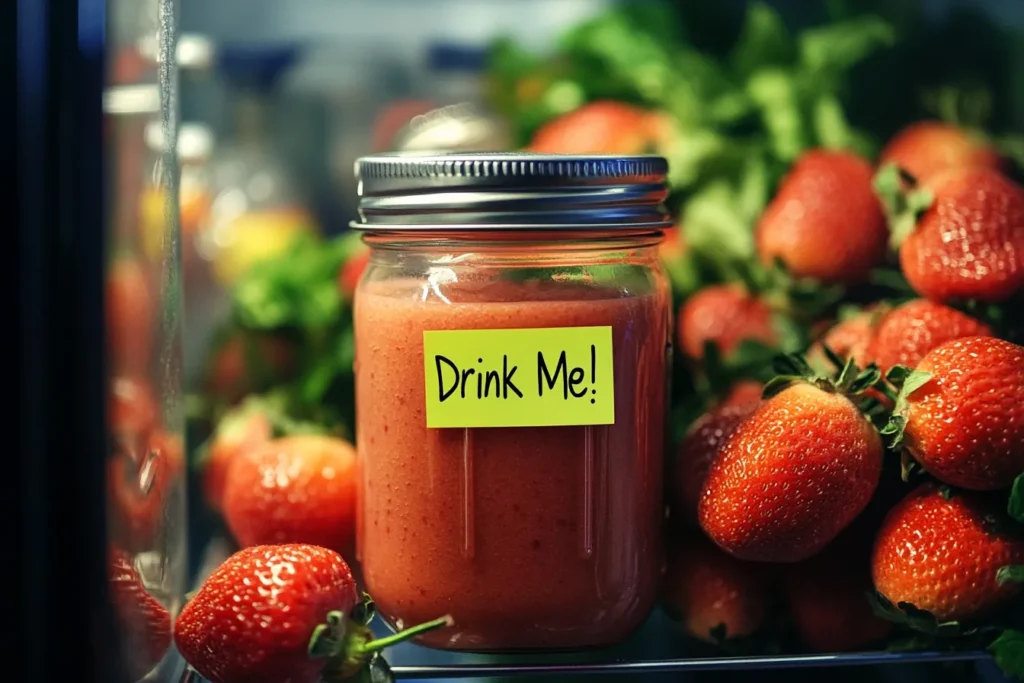 Stored pear smoothie in a jar in the fridge