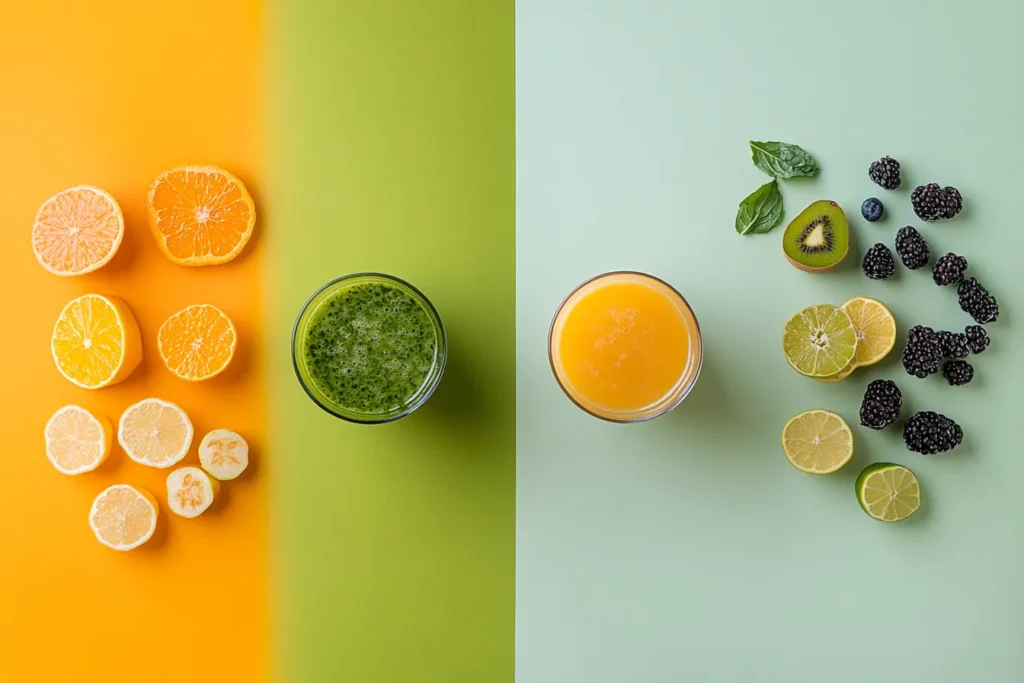 Three different green smoothie variations in clear glasses