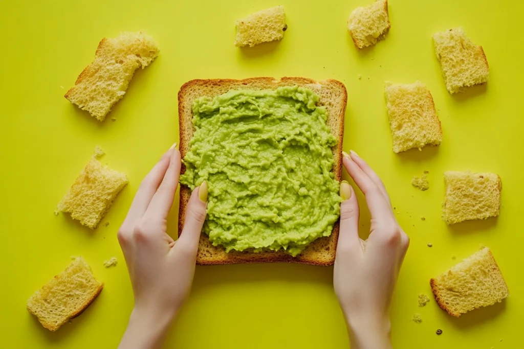 Hands spreading creamy avocado onto a slice of multigrain toast