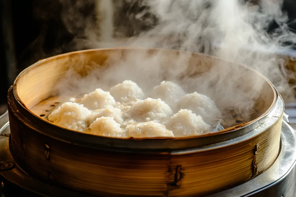 Glutinous rice being steamed in a bamboo steamer