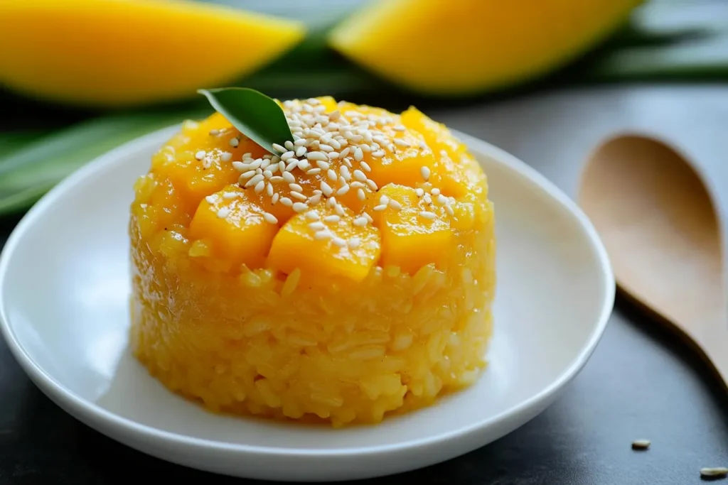 Mango sticky rice with sesame seeds and pandan leaf garnish