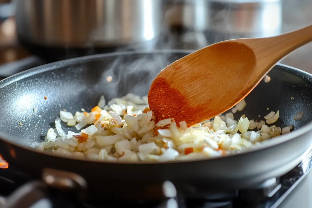 Paprika being stirred into vegetables to make sauce base	