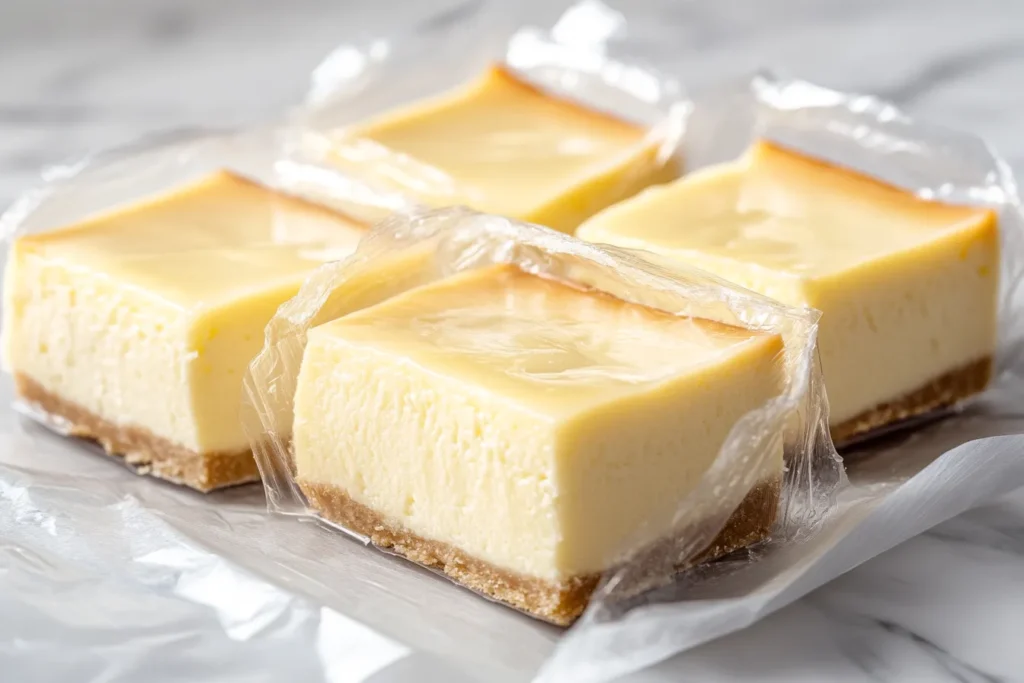 Cheesecake slices wrapped and ready to freeze	