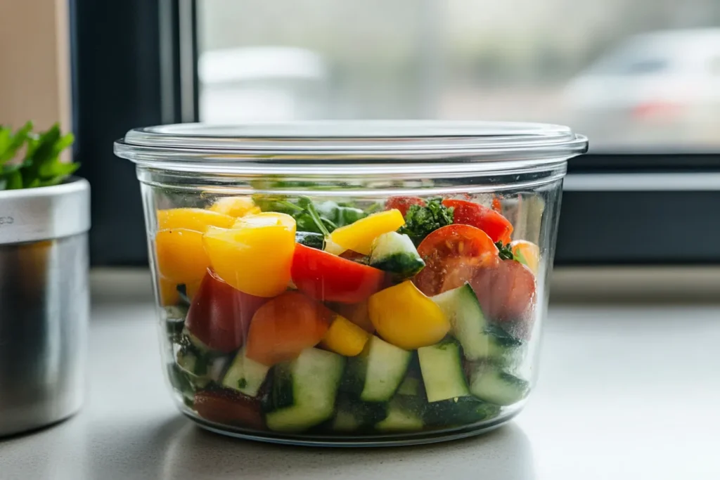 Leftover Thai basil tomato salad in the fridge