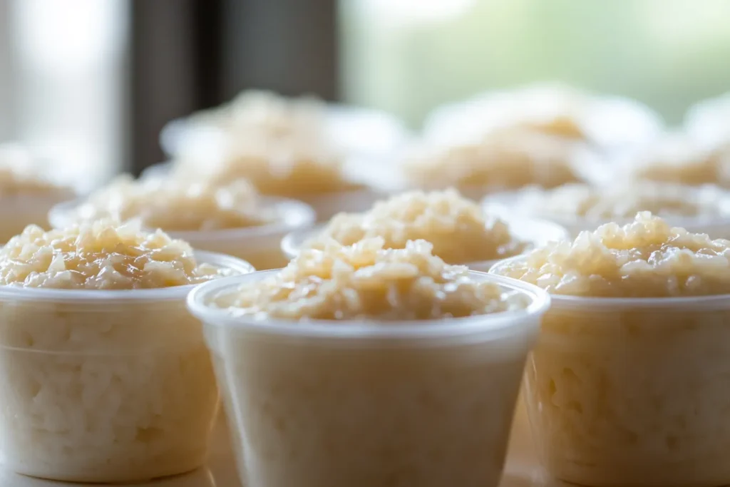 Coconut milk rice pudding stored in airtight containers for freshness	