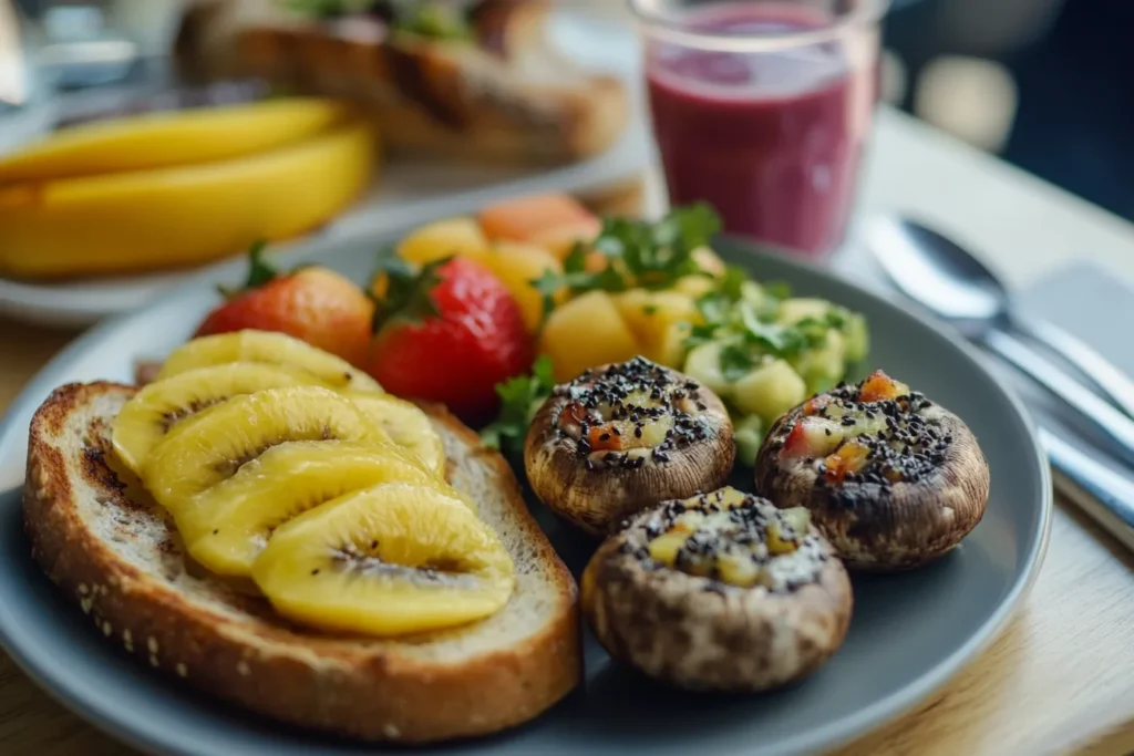 Stuffed mushrooms served with fruit and toast on a breakfast plate