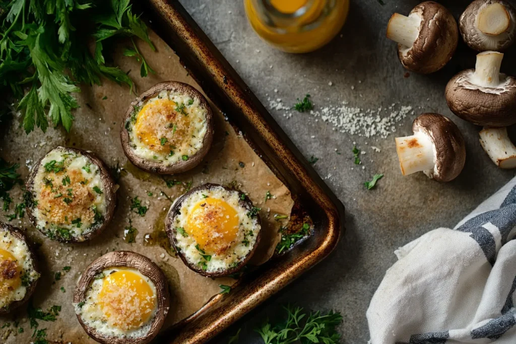 Mushroom caps stuffed with breakfast filling before going into the oven