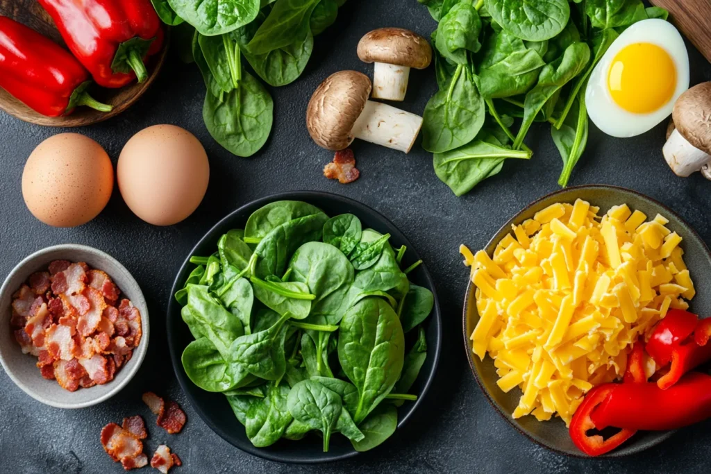 Ingredients for breakfast stuffed mushrooms laid out on a wooden board