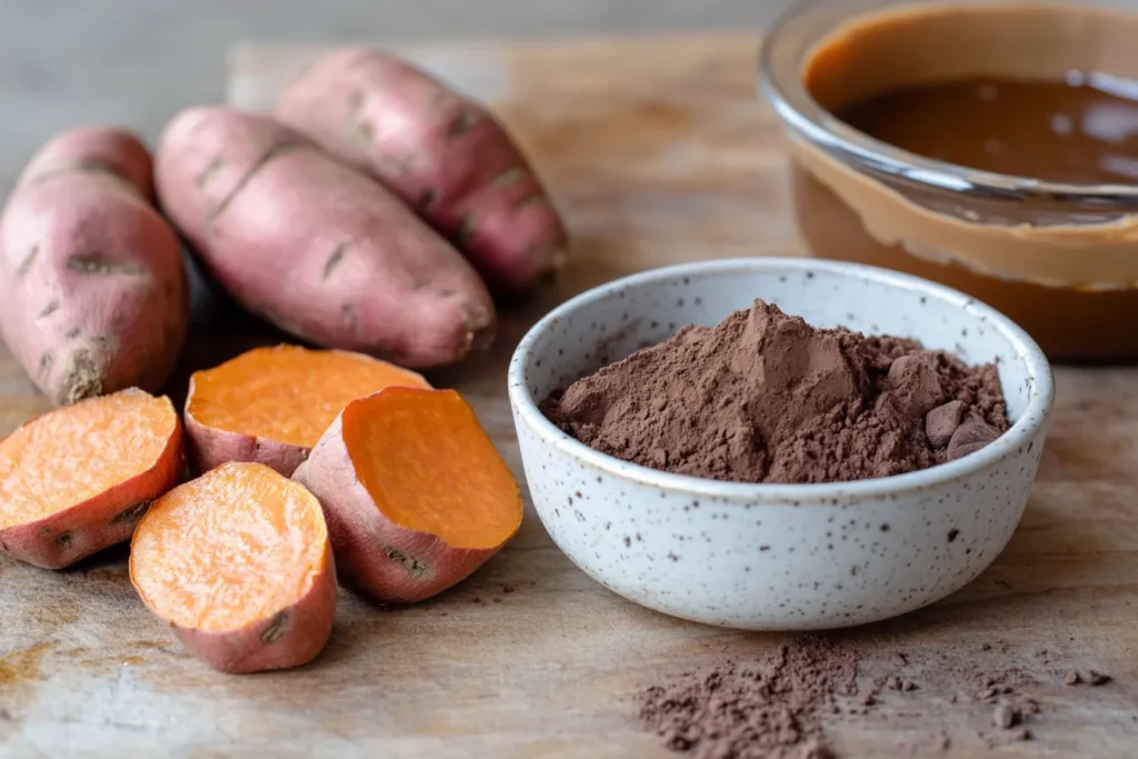 Sweet potato brownie ingredients laid out on kitchen counter