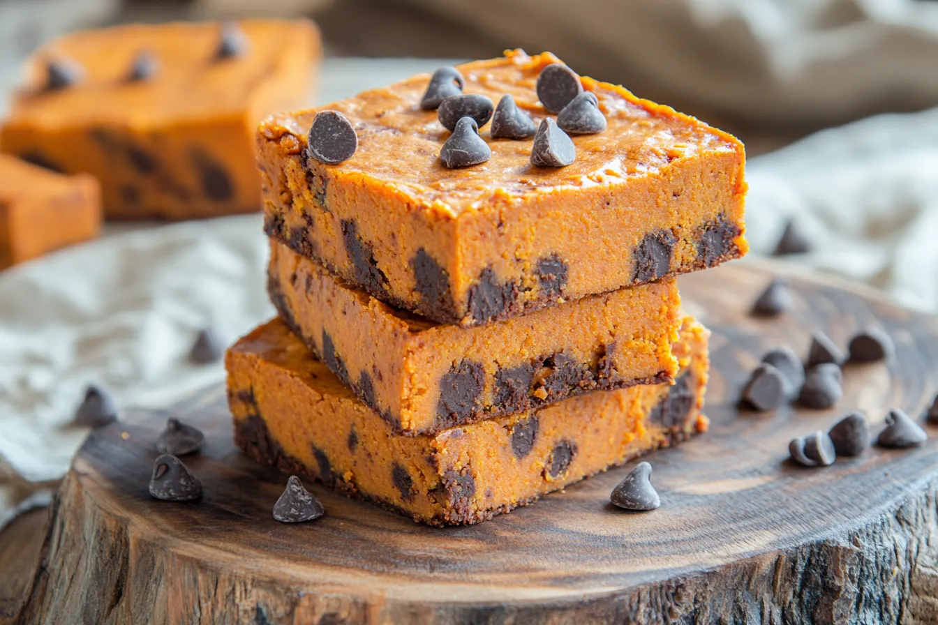 Stack of rich, fudgy sweet potato brownies on a rustic board