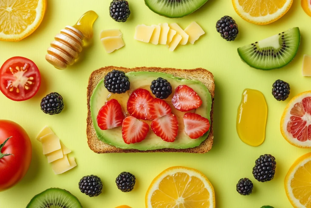 Sweet fruits and savory ingredients surrounding avocado toast
