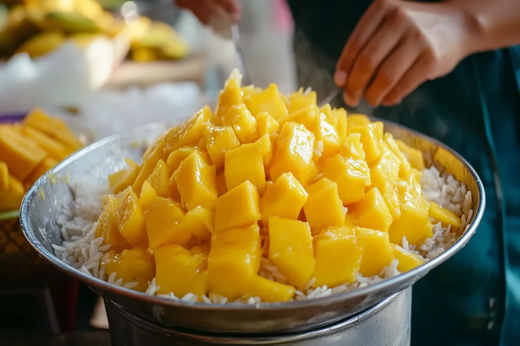 Street food vendor preparing mango sticky rice in Thailand