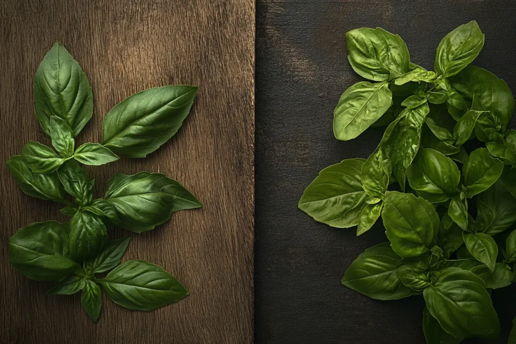 Thai basil vs sweet basil – visual comparison of leaves