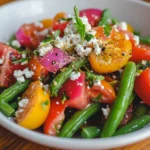 Tomato green bean salad with crumbled goat cheese served in a white bowl