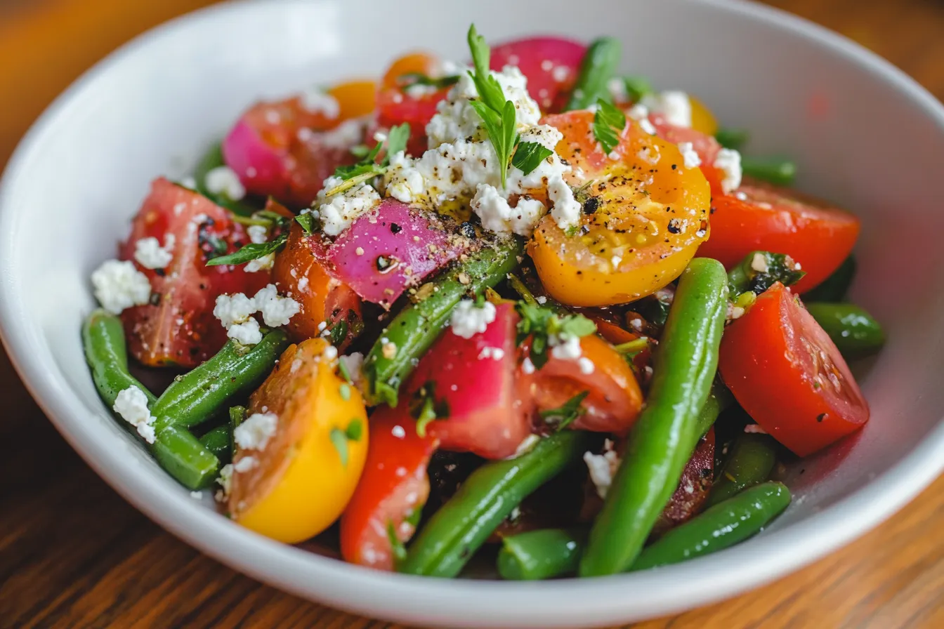 Tomato green bean salad with crumbled goat cheese served in a white bowl