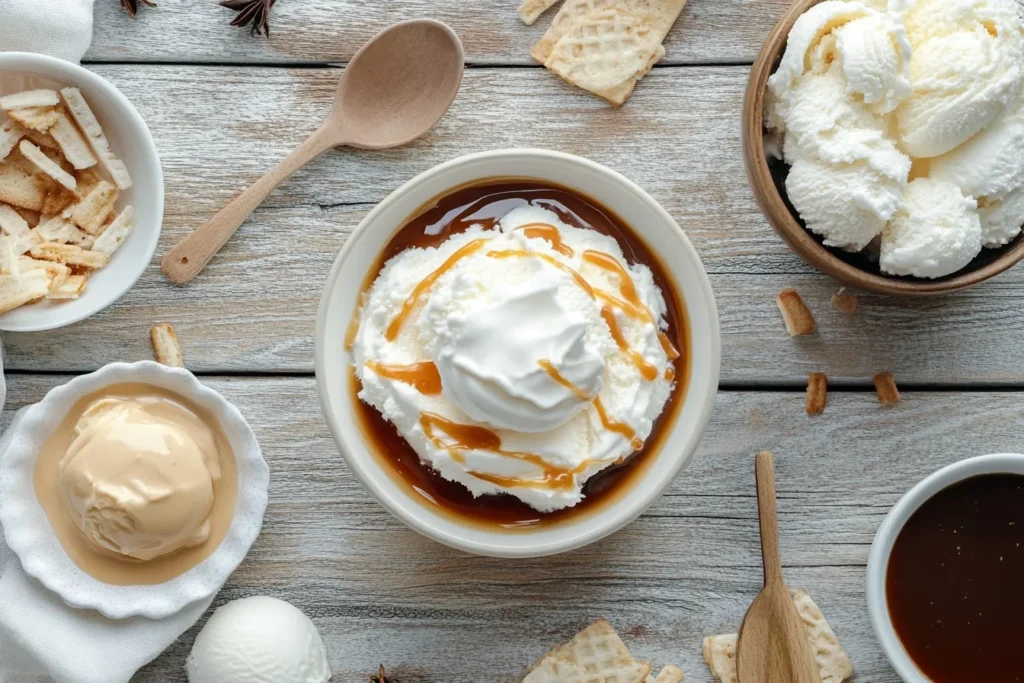Baked apple toppings like ice cream, caramel, and yogurt