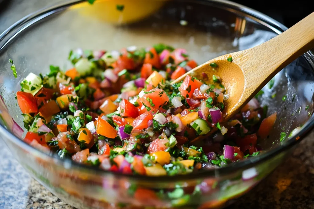 Chilled corn and green bean salad being tossed with dressing