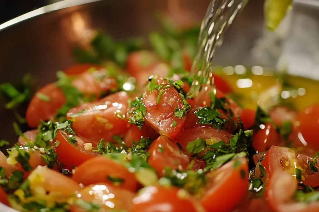 Tomato salad being mixed with Thai basil dressing