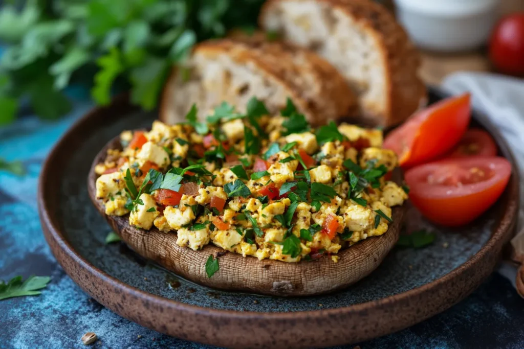 Vegan stuffed mushrooms with tofu, herbs, and veggies