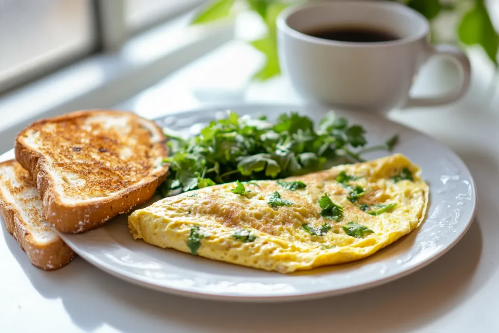 Cozy breakfast table with veggie omelette, toast, and coffee
