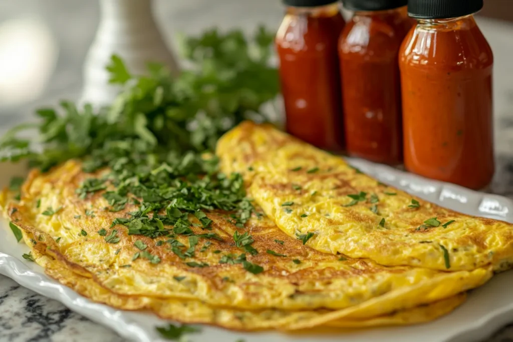 Flavor boosters for veggie omelettes: herbs, spices, and sauces next to a cooked omelette
