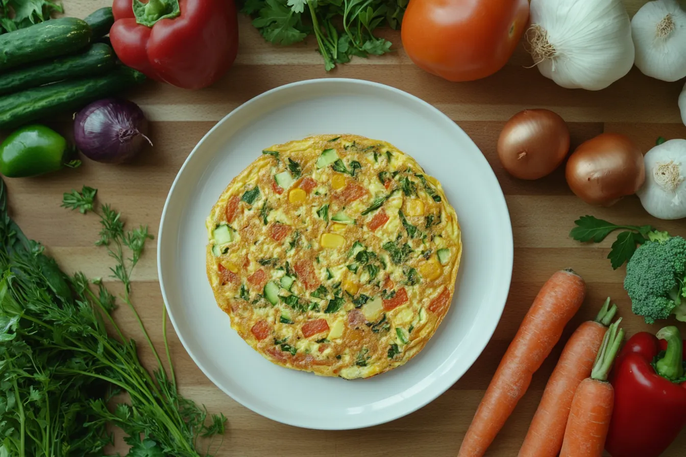 Fluffy veggie omelette served with fresh vegetables and herbs on a white plate