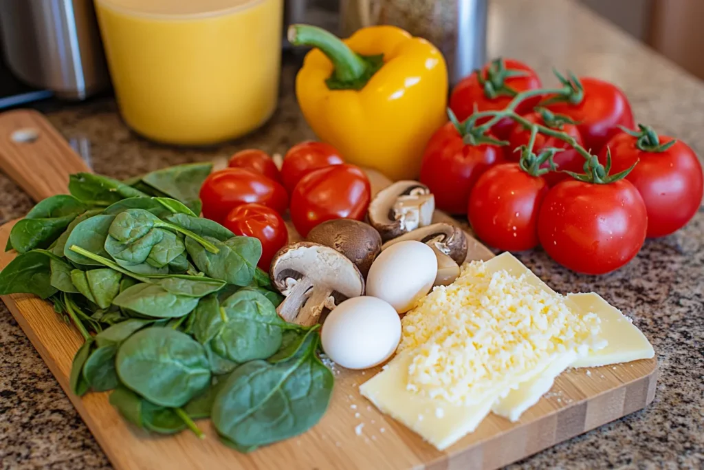 Flat lay of fresh ingredients for a veggie omelette on a kitchen counter