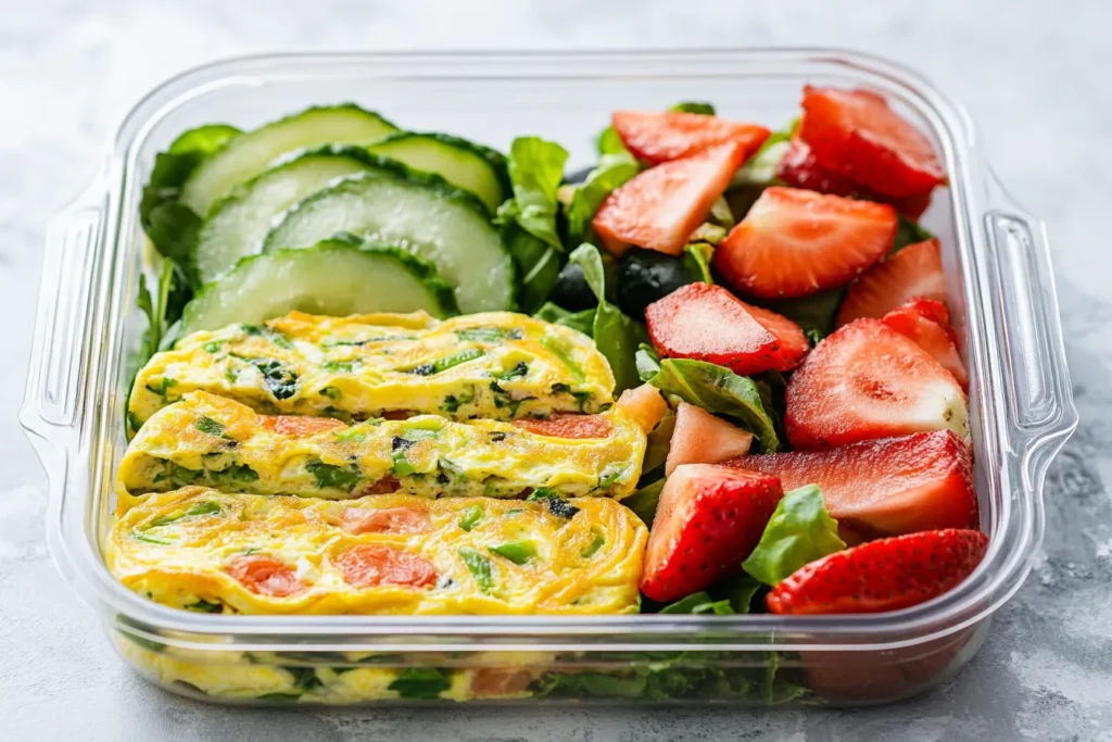 Meal prep lunch box with veggie omelette slices, salad, and fresh fruit